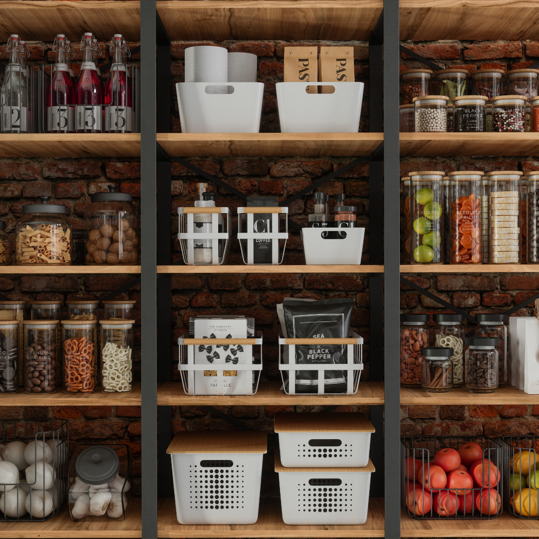 storage and organisation. pantry with matching bottles and baskets